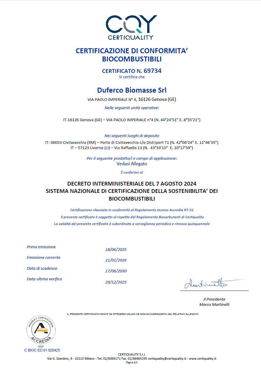 cert conformita biocombustibili certificazione schema nazionale bioc 24 - Duferco Biomasse